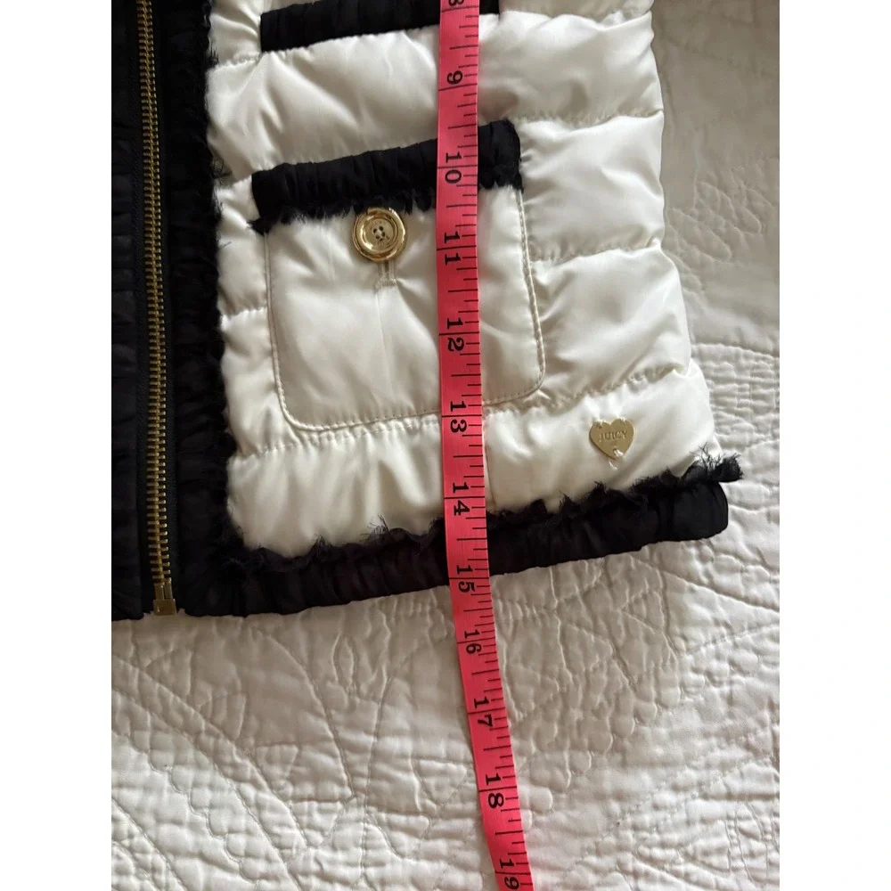 Juicy Couture Kid Size M Cream Puffer Jacket Black Ruffle Trim Gold Accent Y2K M